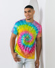 A multi-coloured tie dye adult T-shirt featuring vibrant swirls of blue, pink, yellow, and green. It has a logo.