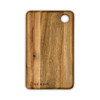 Acacia serving board featuring a natural wood finish with a round cutout and a logo at the bottom.