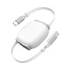 A white retractable charging data cable with USB-C connectors on both ends, featuring a sleek design and minimalistic branding.