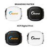 A set of promotional retractable charging data cables in white and black, featuring branding on each side.