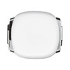 A white retractable charging data cable with a compact design and a silver clasp. It features a logo.