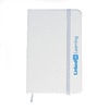 A white A6 notebook with a blue elastic band and branding on the side.
