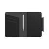 A black passport holder with a sleek design, featuring card slots and a metallic pen.
