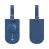 A blue luggage tag featuring a circular attachment and a textured design, with a pocket on one side.