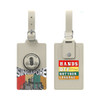 A beige luggage tag featuring a cityscape design of Singapore and a coloured message on the reverse side.