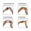 A set of four images illustrating the steps to use the orange MiTag Duo Luggage Tag, showing hands performing each action.