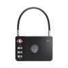 A black luggage lock featuring a numeric keypad and a cable lock. It has a logo on the body.