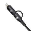 A black fast charging data cable with a braided design and two distinct connectors. It features a logo.