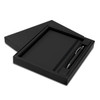 A black notebook with a matching black pen in a sleek black gift box. The set includes a logo on the pen.
