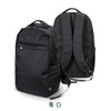 A black recycled backpack with padded straps and a front pocket, featuring a logo on the side.