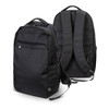 A black recycled backpack with adjustable straps and zippered compartments, featuring a logo on one side.
