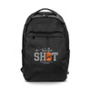 A black backpack with a logo featuring the words "take the SHOT" and an orange graphic.