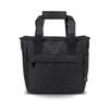 A black cooler bag with sturdy handles and a front pocket, featuring a logo on the side.