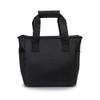 A black cooler bag with short handles and two side pockets, featuring a textured fabric. It has a logo on one side.