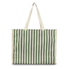A green and white striped tote bag with sturdy handles and a plain design, featuring a logo on the side.