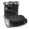 A black cooler seat with a folding metal frame and front pocket, featuring a sleek design for easy transport.