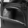 A black cooler seat with an open zipper compartment and a grey interior lining. It features adjustable straps.