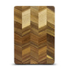 A rectangular chopping board featuring a chevron pattern in various shades of brown wood.