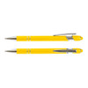A yellow stylus pen with chrome accents, featuring a sleek design and a flat top. It has a brand logo.