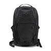 A black daypack featuring multiple pockets, adjustable straps, and a logo on the front.