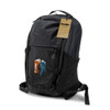 A black daypack featuring a mountain-themed design, with mesh side pockets and a logo.