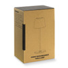 A cardboard box containing an Ember Rechargeable Table Lamp, featuring a simple design and a printed outline of the lamp.