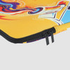 A yellow laptop sleeve featuring vibrant, abstract patterns and a black zipper. It has a decorative design with multiple colours.