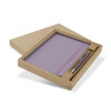 A purple notebook and pen set packaged in a brown box, featuring a simple design and a logo.