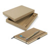 A Kraft notebook with a matching pen inside a kraft box. The notebook features a logo on the cover.