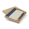A notebook with a blue cover and a blue pen, presented in a cardboard gift box.