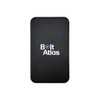 A black power bank with a smooth surface and a branded logo in the centre.