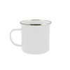 A white enamel mug with a silver rim, designed for drinking beverages.
