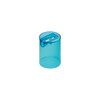 A transparent blue tube sharpener with a small blade, designed for sharpening pencils.