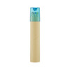 A tube containing long coloured pencils with a transparent blue cap. The tube is made of brown cardboard.