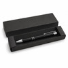A black gel ink pen is displayed inside a black box, featuring a sleek design and silver accents.