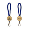 A wooden keytag with a blue fabric strap and a metal clip, featuring a branding logo on one side.