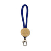 A blue keytag featuring a bamboo circular attachment and a metal clip for easy fastening.