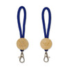 A blue keytag with a looped rope design and a wooden circular attachment featuring an engraved logo.
