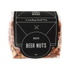 A clear plastic bag contains roasted beer nuts. The bag features a black label with a logo.
