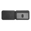 A black magnetic wallet with a built-in phone stand, featuring an inner section for cards.