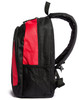 A black and red backpack featuring multiple zippered compartments and a mesh side pocket. It has adjustable straps and a branding logo.