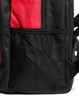 A black and red backpack featuring a mesh side pocket and zippers. It has a logo on the front.