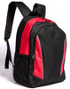 A black and red backpack featuring a mesh side pocket and a distinctive logo.