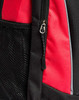 A black and red backpack featuring a zippered pocket and a mesh side pocket. It includes a logo.