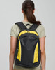A black and yellow backpack with adjustable straps and a top handle, featuring a logo on the front.