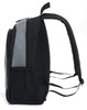 A black and grey backpack featuring a zip closure, adjustable straps, and a mesh side pocket.