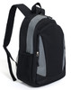 A black and grey backpack featuring zip compartments and a mesh side pocket, with adjustable straps.