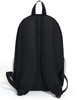 A black backpack with padded shoulder straps and mesh side pockets, featuring a logo on the front.