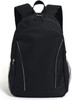 A black backpack featuring side pockets and a logo, designed for promotional use.