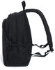 A black backpack featuring a zip closure, padded shoulder straps, and a mesh side pocket. It has a logo on it.